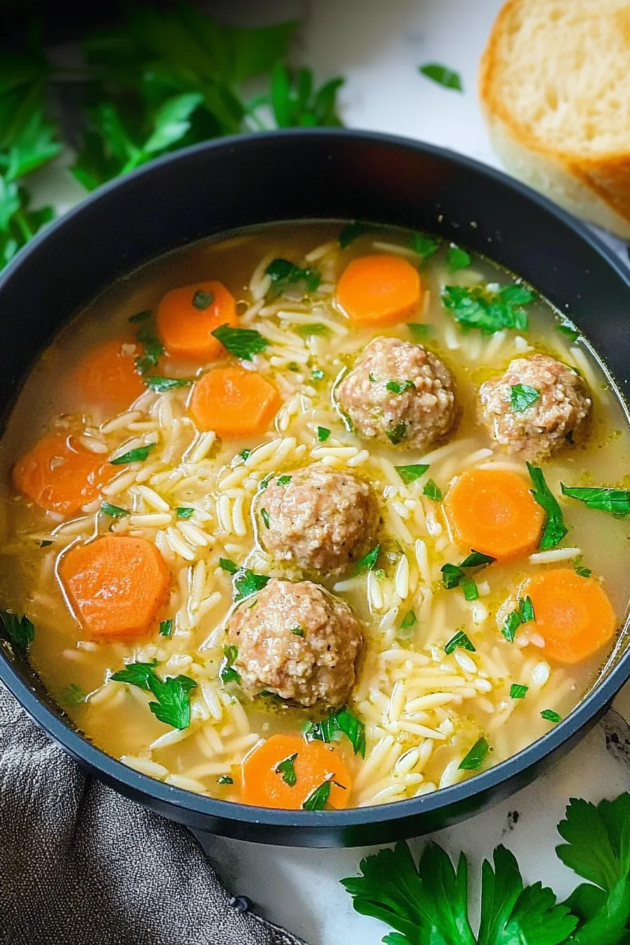 Turkey meatball and orzo soup served in a black bowl with vibrant carrots and greens.