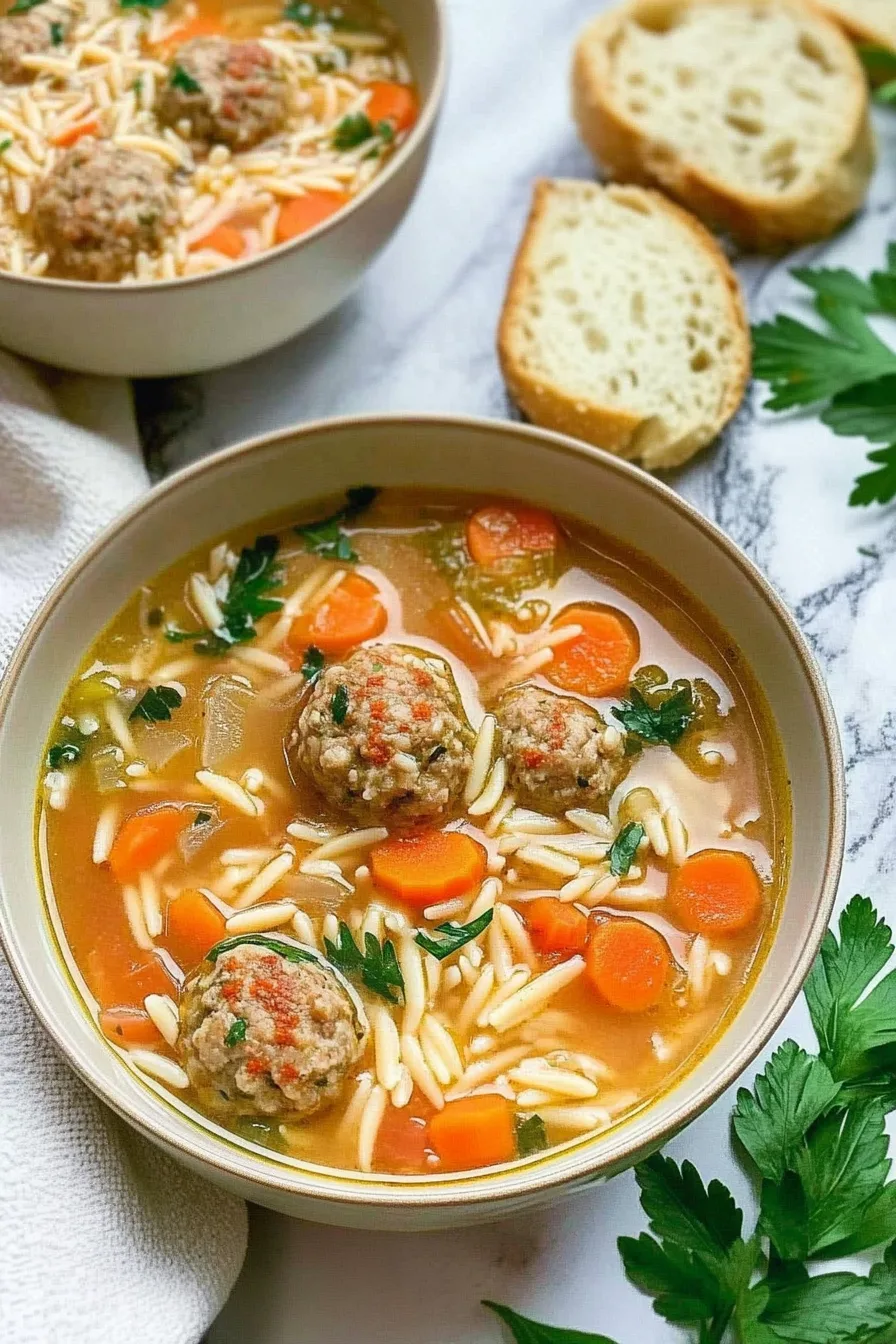Warm bowl of broth with turkey meatballs, orzo pasta, and sliced carrots, garnished with fresh herbs.