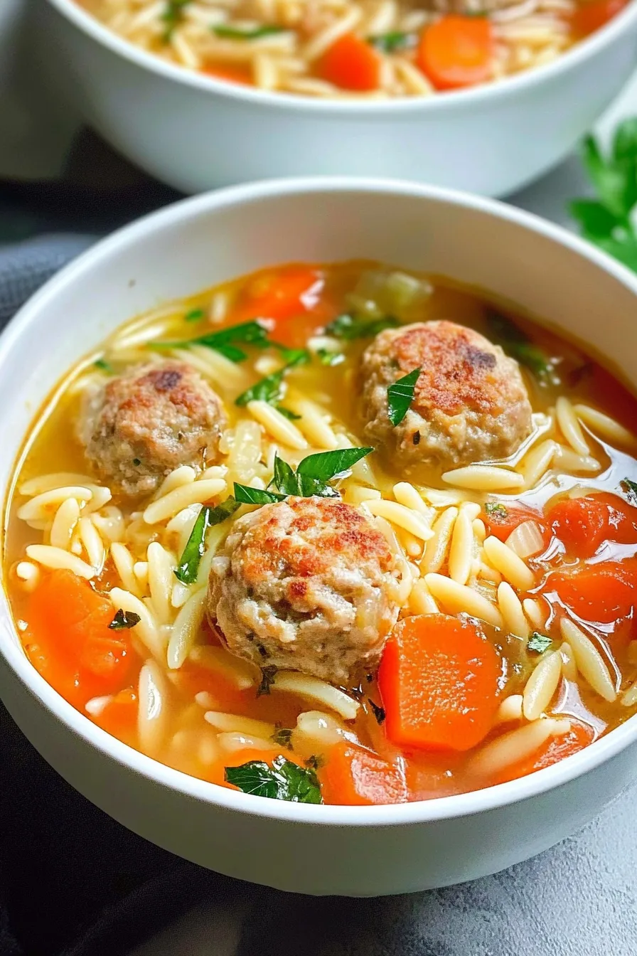 Close-up of homemade turkey meatball soup featuring tender orzo and bright vegetables.