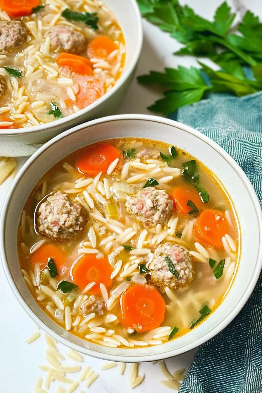 Comforting soup with meatballs, orzo, and carrots in a flavorful broth.