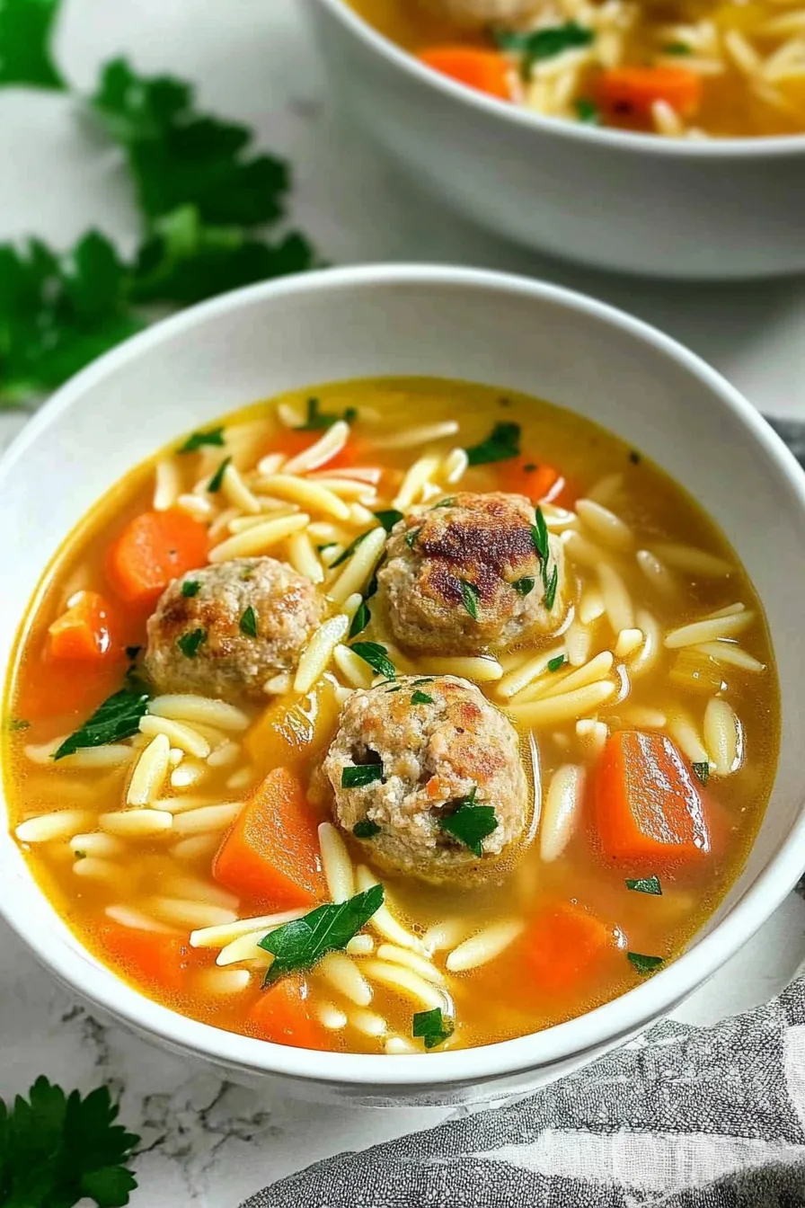 Hearty bowl filled with small meatballs, pasta, and fresh parsley in golden soup broth.