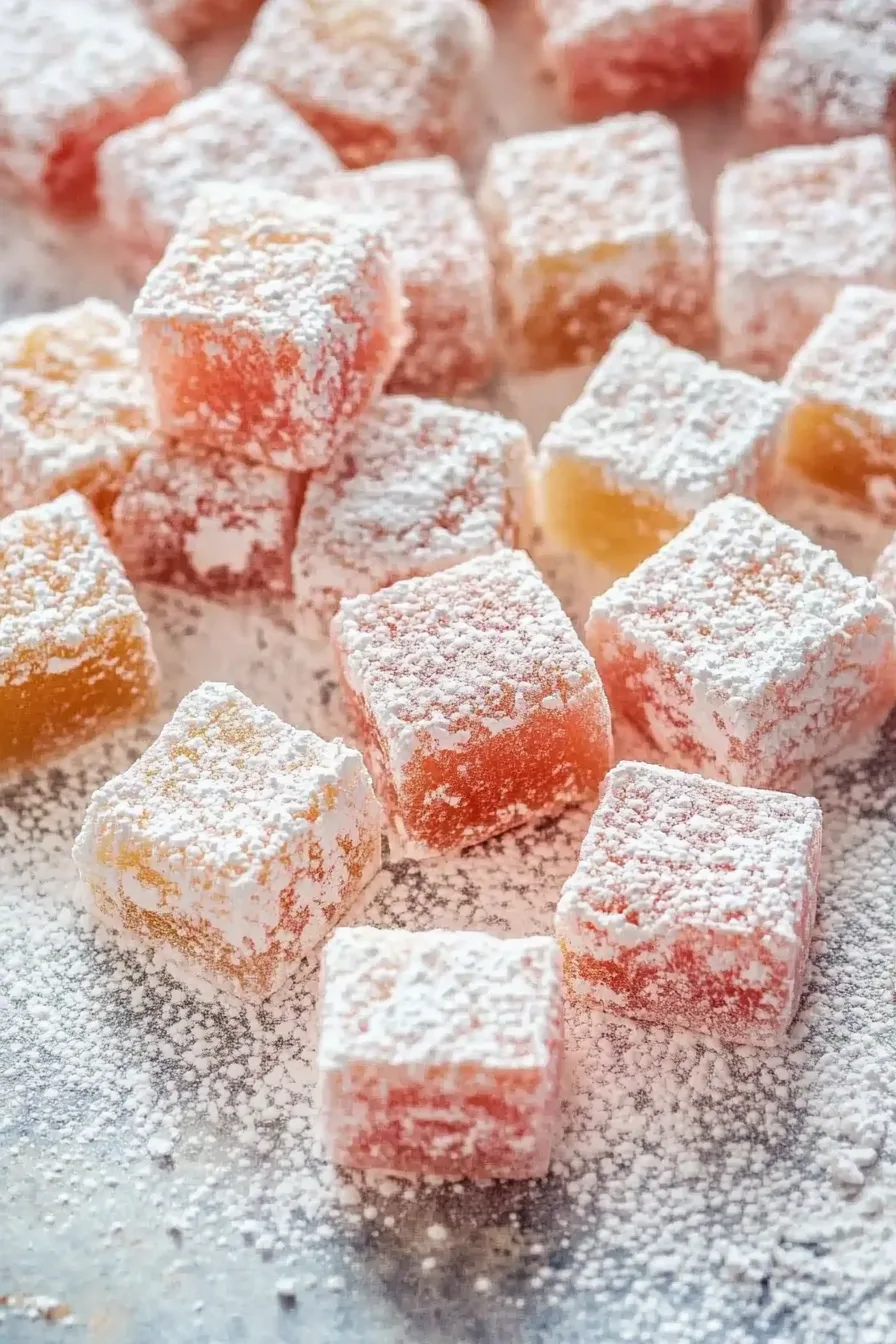 Close-up of soft, chewy sweets with a light sugar coating.