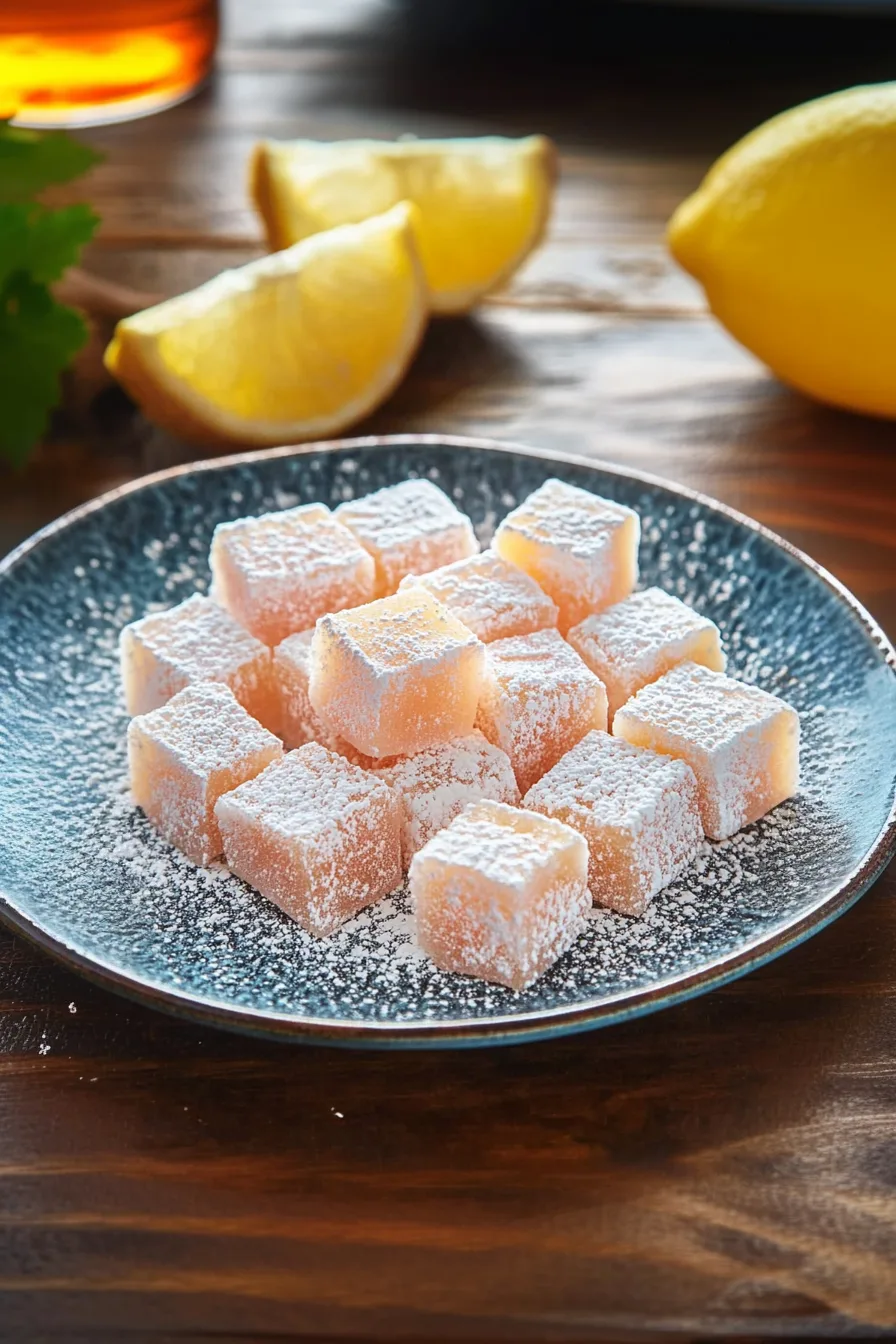 Powdered sugar-covered candy pieces stacked for serving.