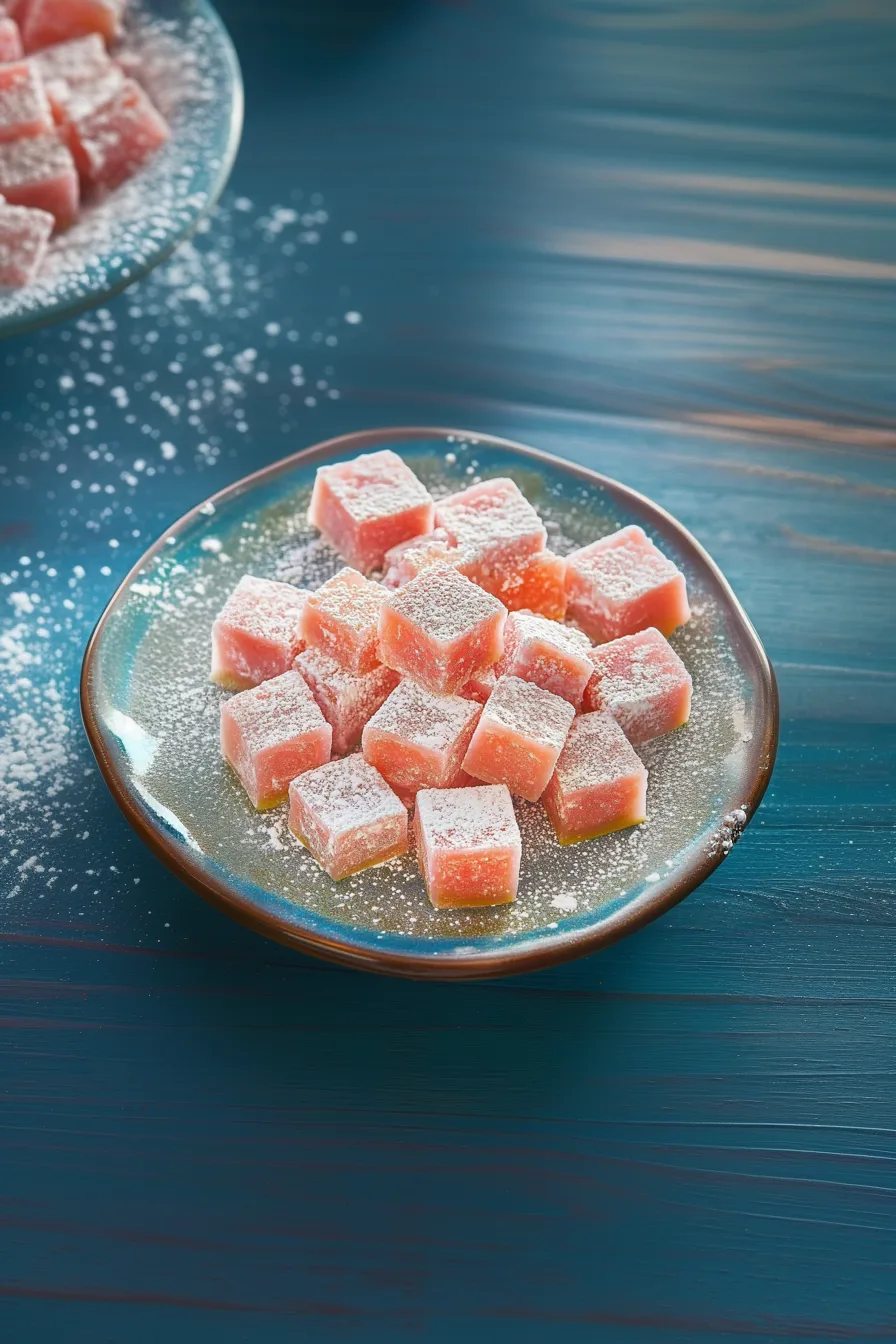 Turkish delight pieces displayed on a decorative tray, ready to serve.