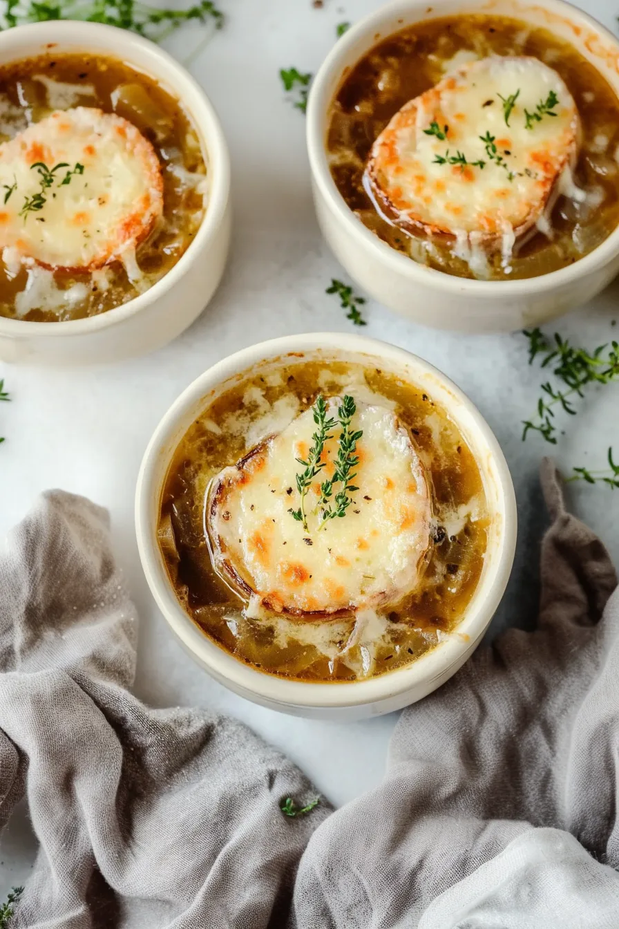 Rustic soup bowl filled with onions, melted Gruyère, and herbs.