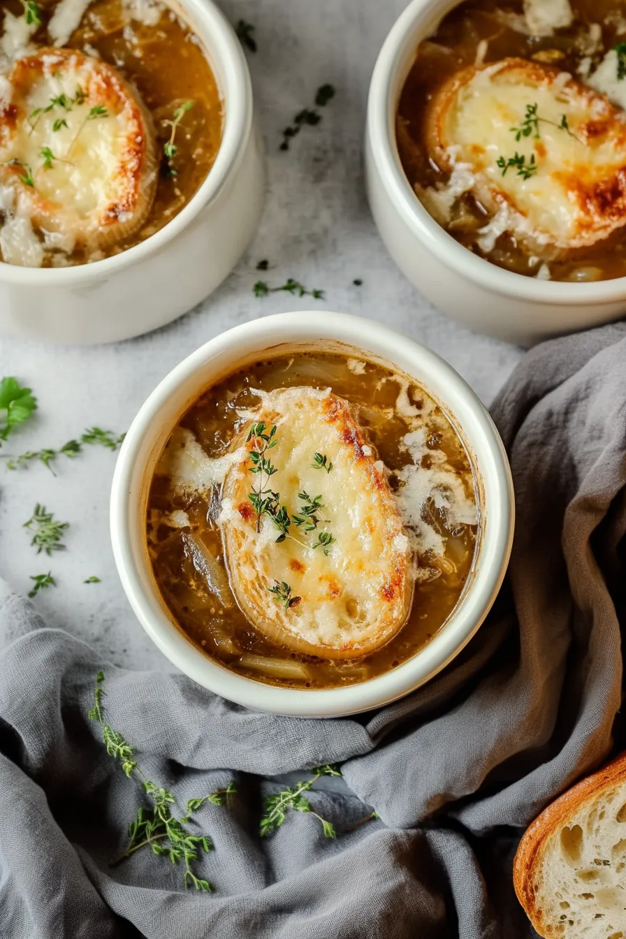 Comforting onion soup served in a white bowl with broiled cheese topping.