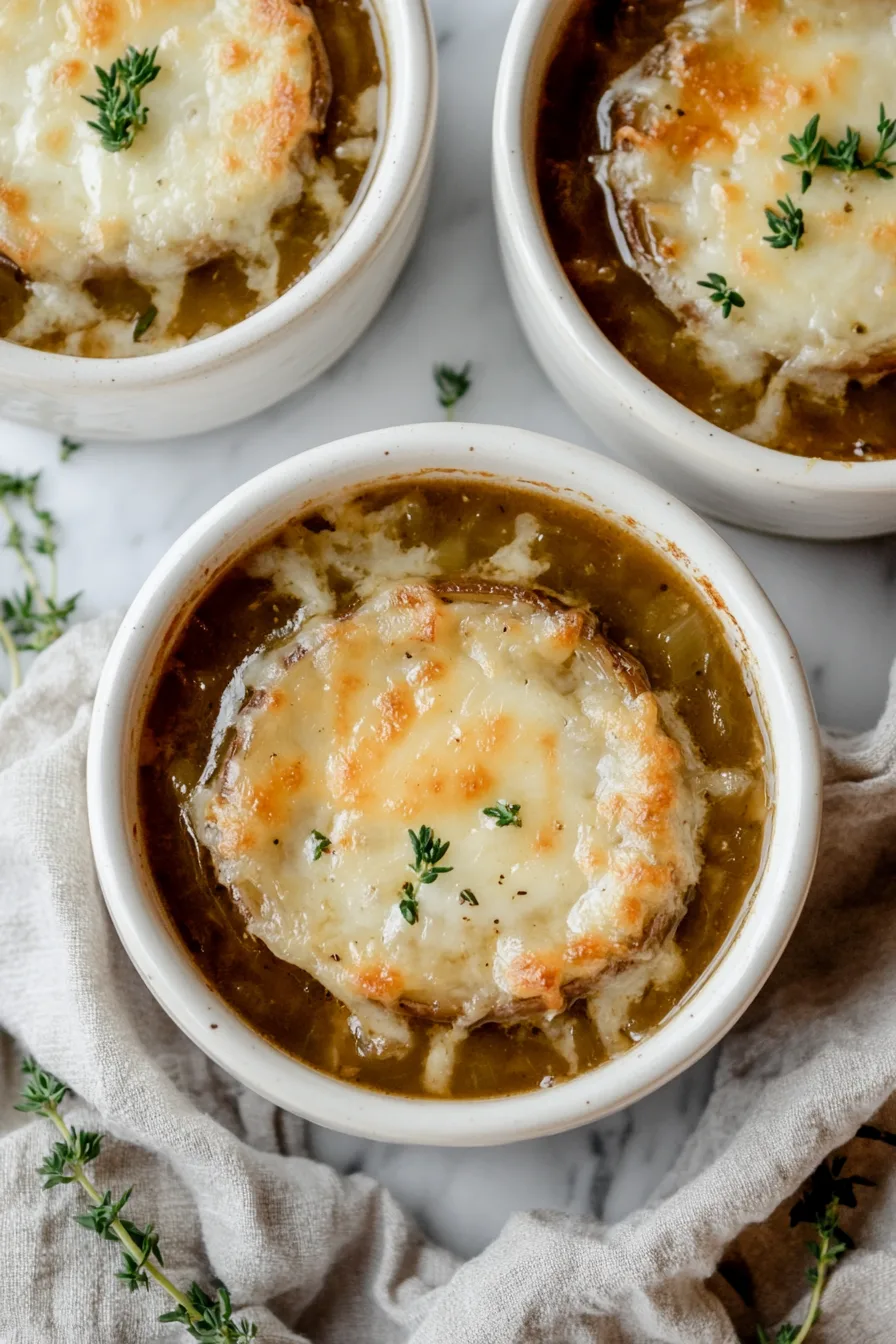 Warm bowl of caramelized onion soup topped with melted cheese and toasted bread.