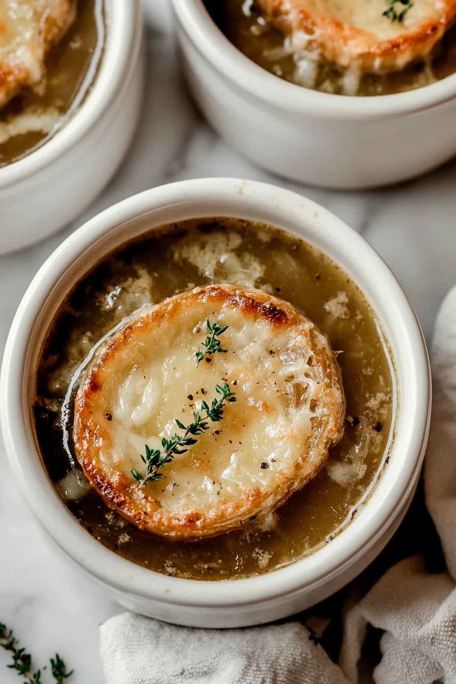 Close-up of cheesy soup with golden baguette slice and fresh thyme garnish.