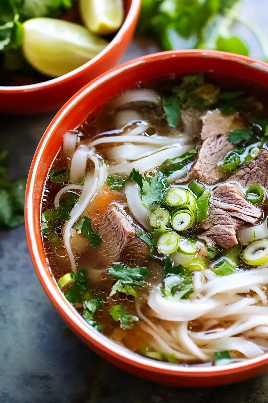 Close-up of a hearty noodle soup with beef, rice noodles, and cilantro in a rich broth.