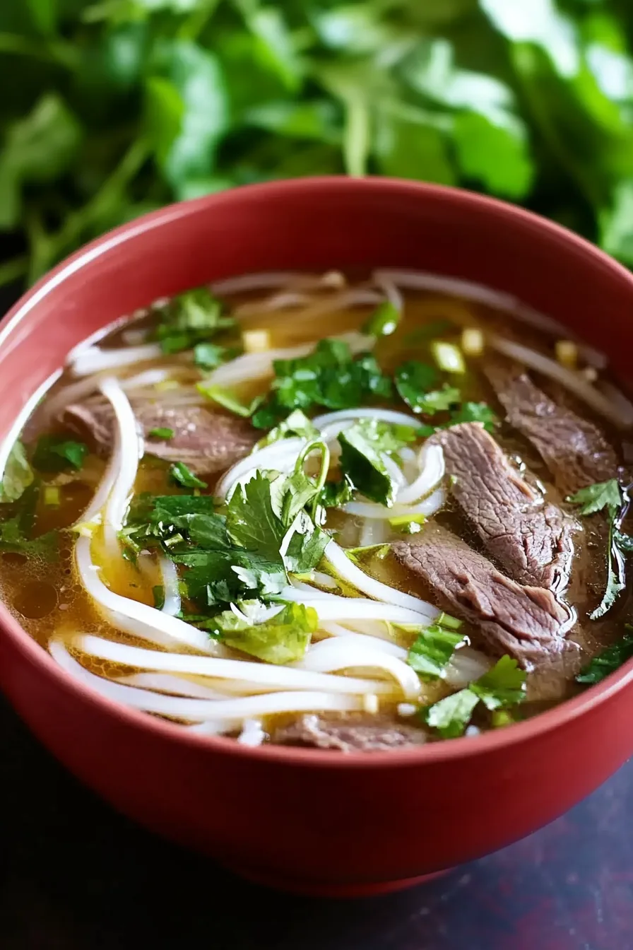 A steaming bowl of beef noodle soup topped with fresh herbs and thinly sliced meat.