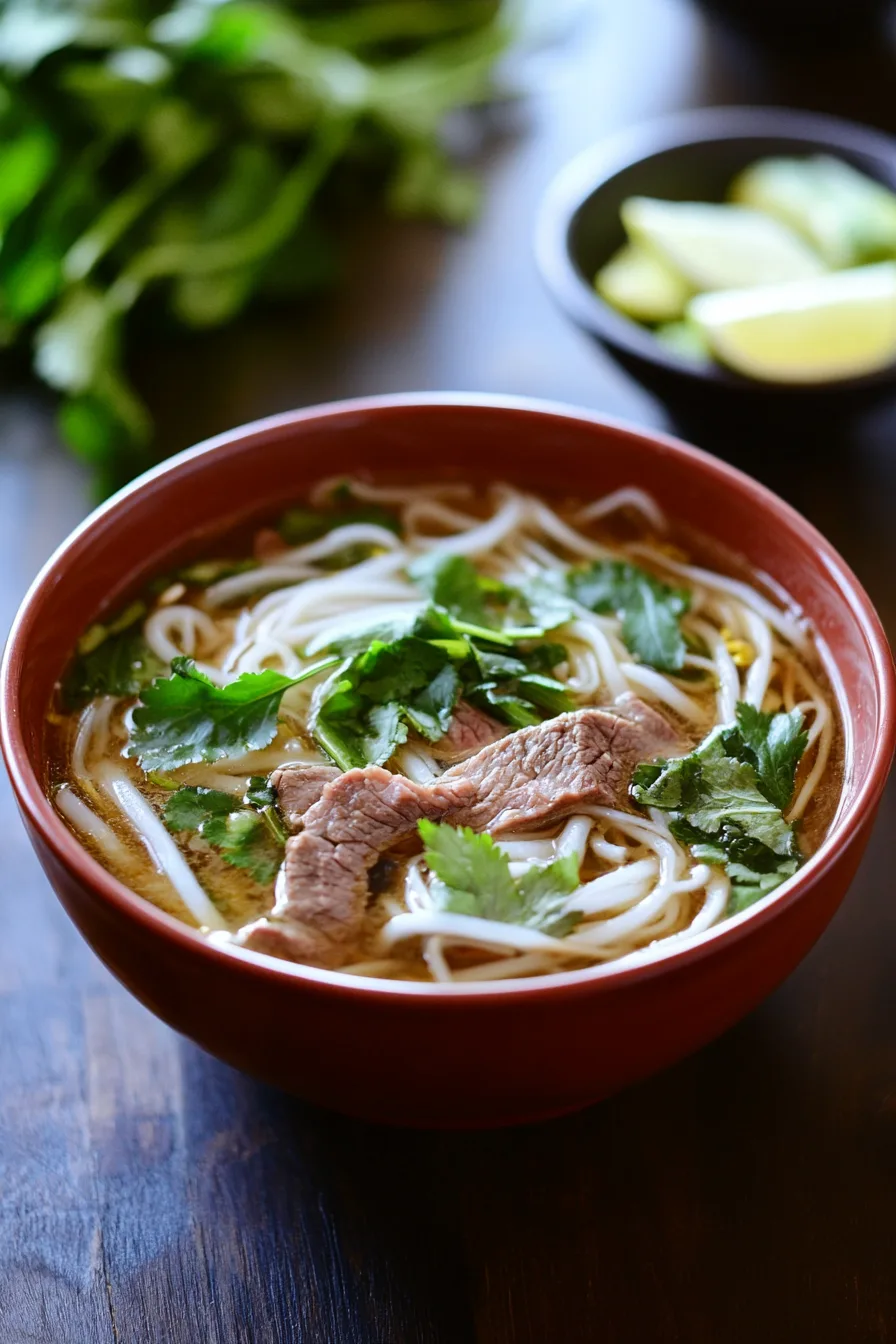 Comforting homemade noodle soup garnished with fresh greens and tender beef slices.