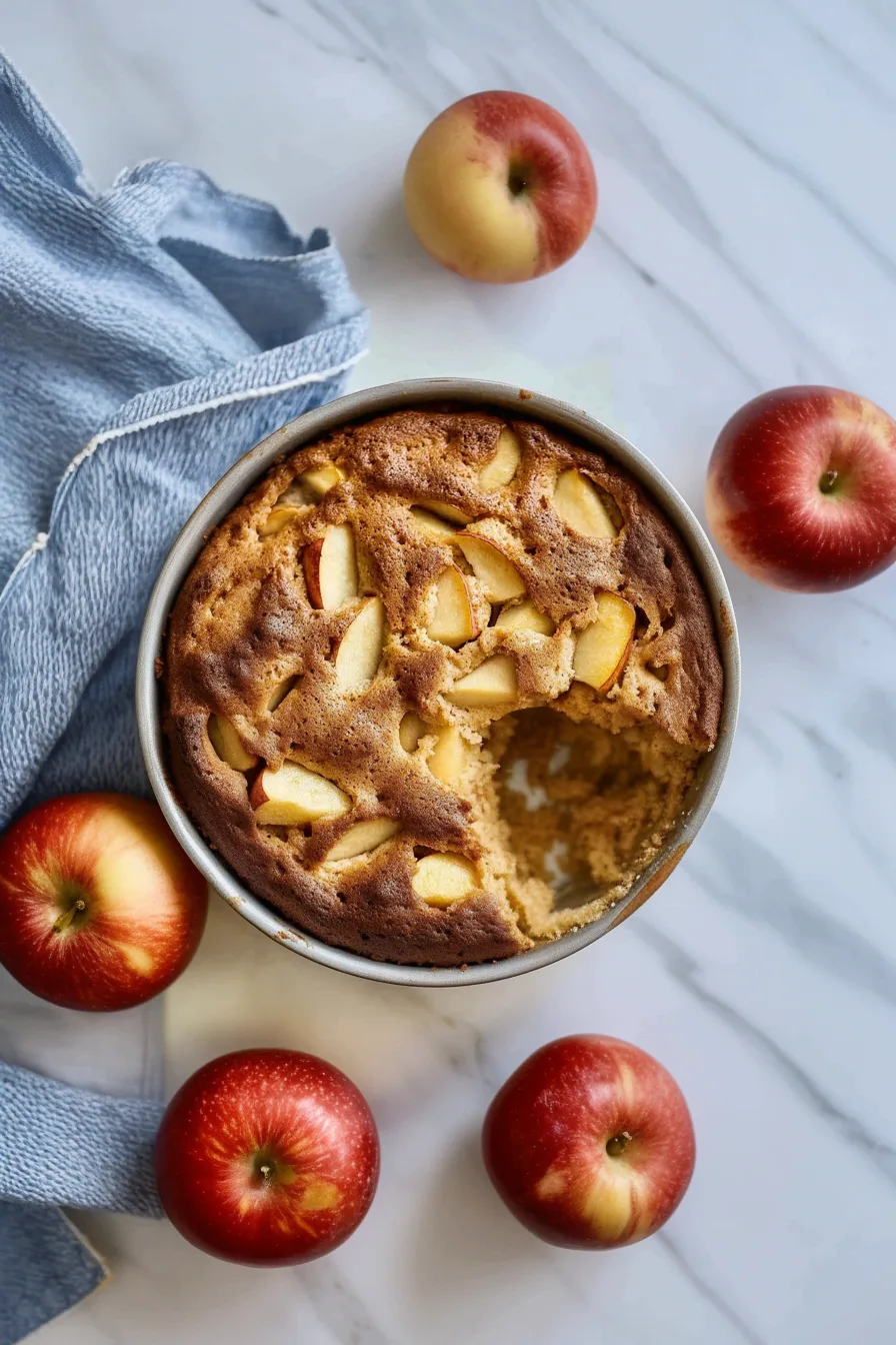 Rustic baked apple cake showing its soft texture and caramelized fruit topping.