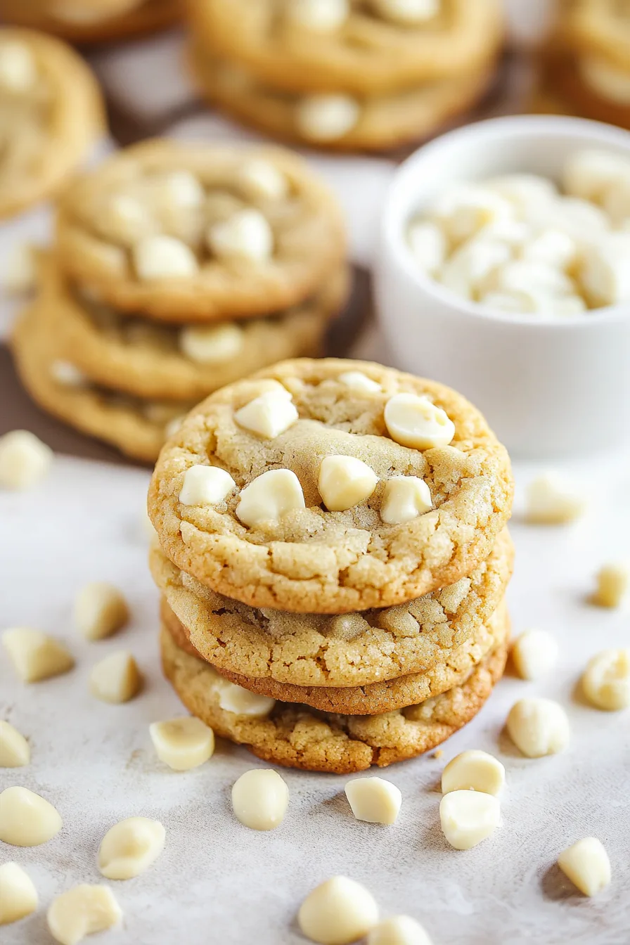 Cookies studded with white chocolate and macadamia nuts in focus with more in the background.