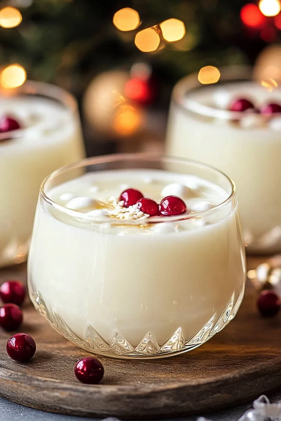 White holiday punch in short glasses with cranberries on top.