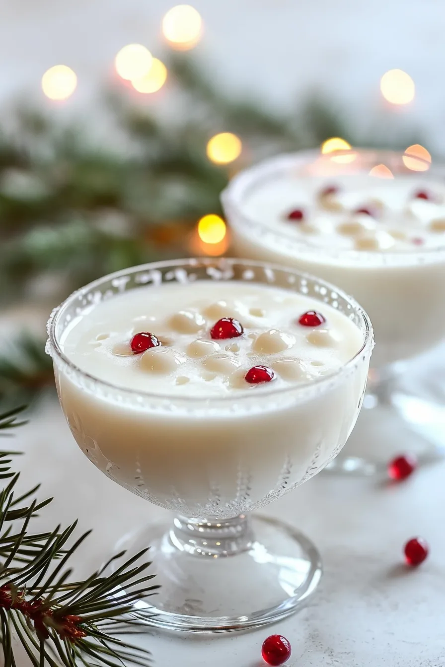 Creamy Christmas drink with red cranberries and decorative garnish.
