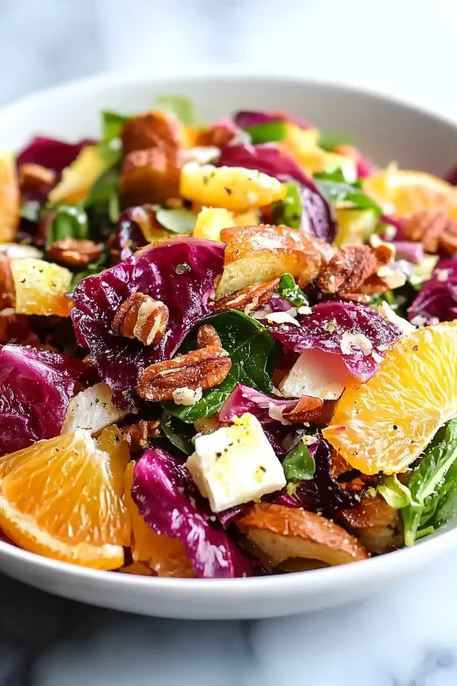 Close-up of a refreshing salad with oranges, red and green leaves, and a sprinkle of black pepper.