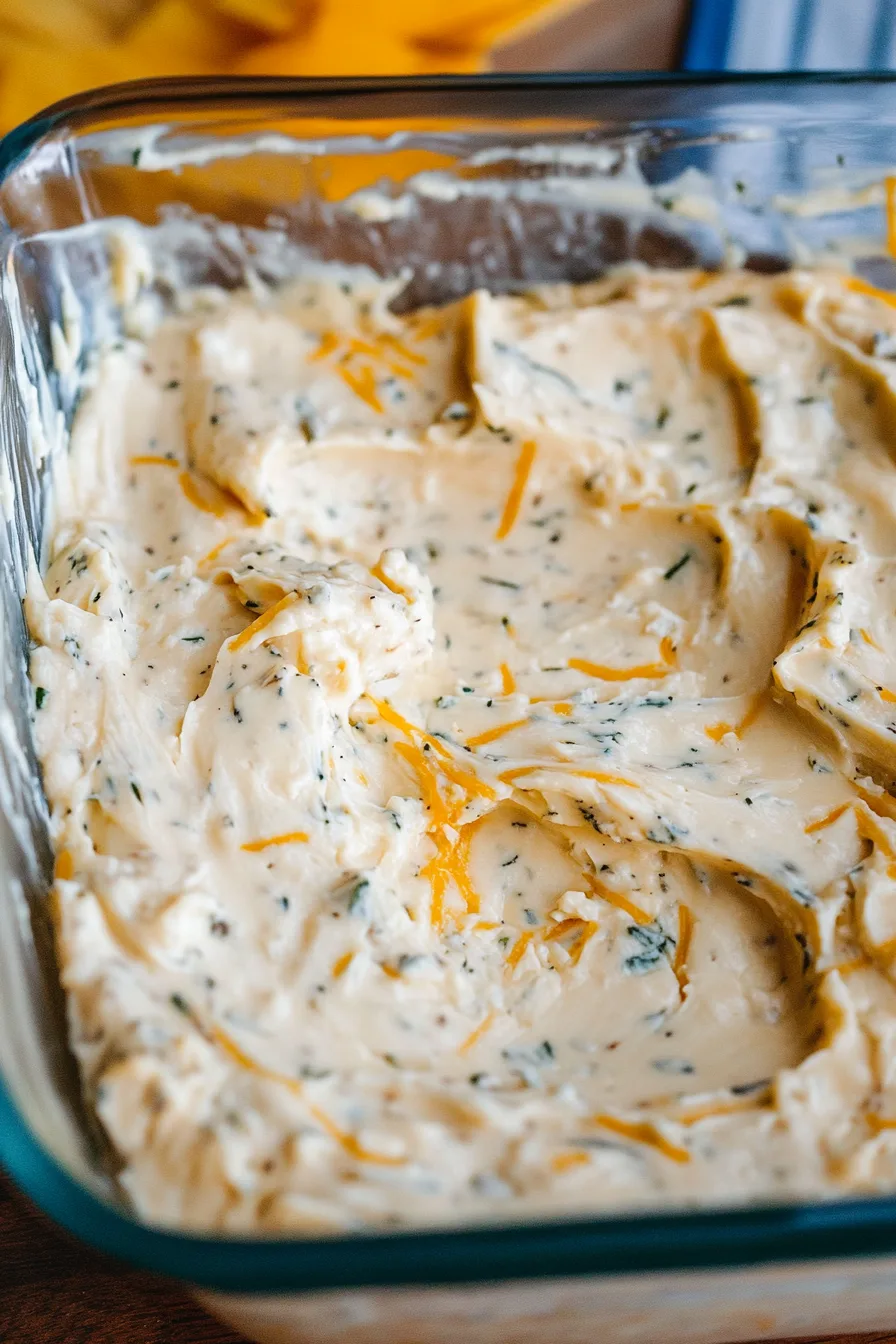 Close-up of a smooth, whipped cheese spread ready for dipping.
