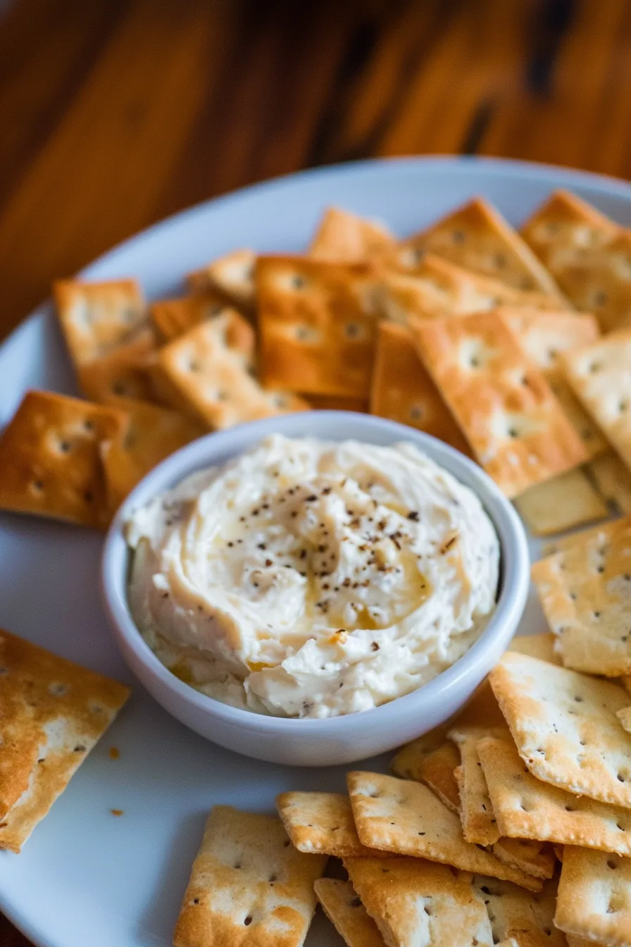 Bowl of rich, savory cheese dip topped with herbs and crumbs, surrounded by crackers.