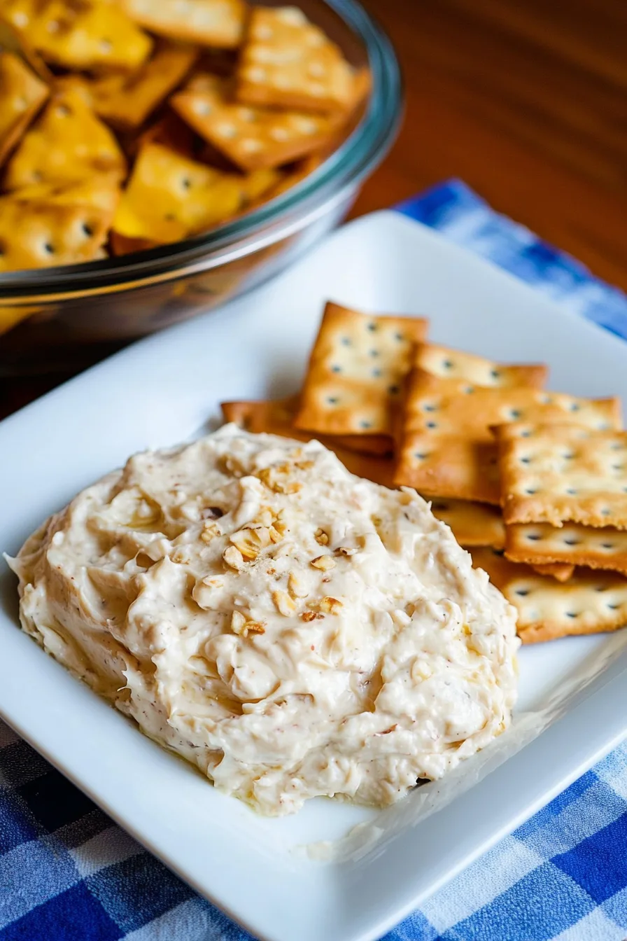 Creamy cheese spread served with crisp crackers on a white plate.