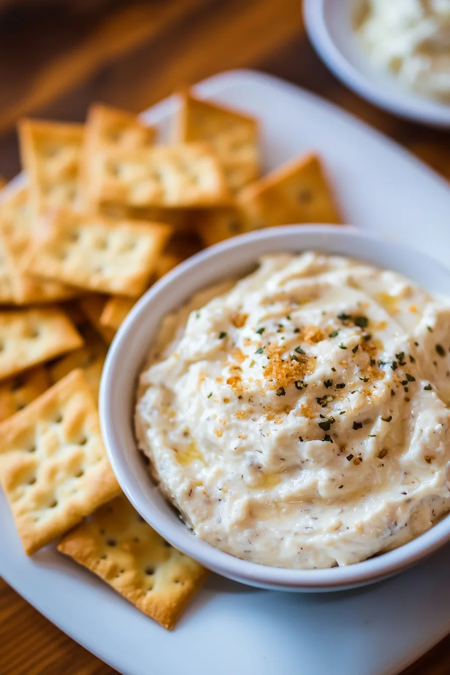 Golden crackers paired with a fluffy, seasoned cheese mixture.