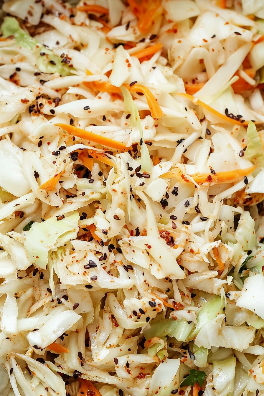 Fresh shredded cabbage salad with carrots and sesame seeds in a light, tangy dressing.
