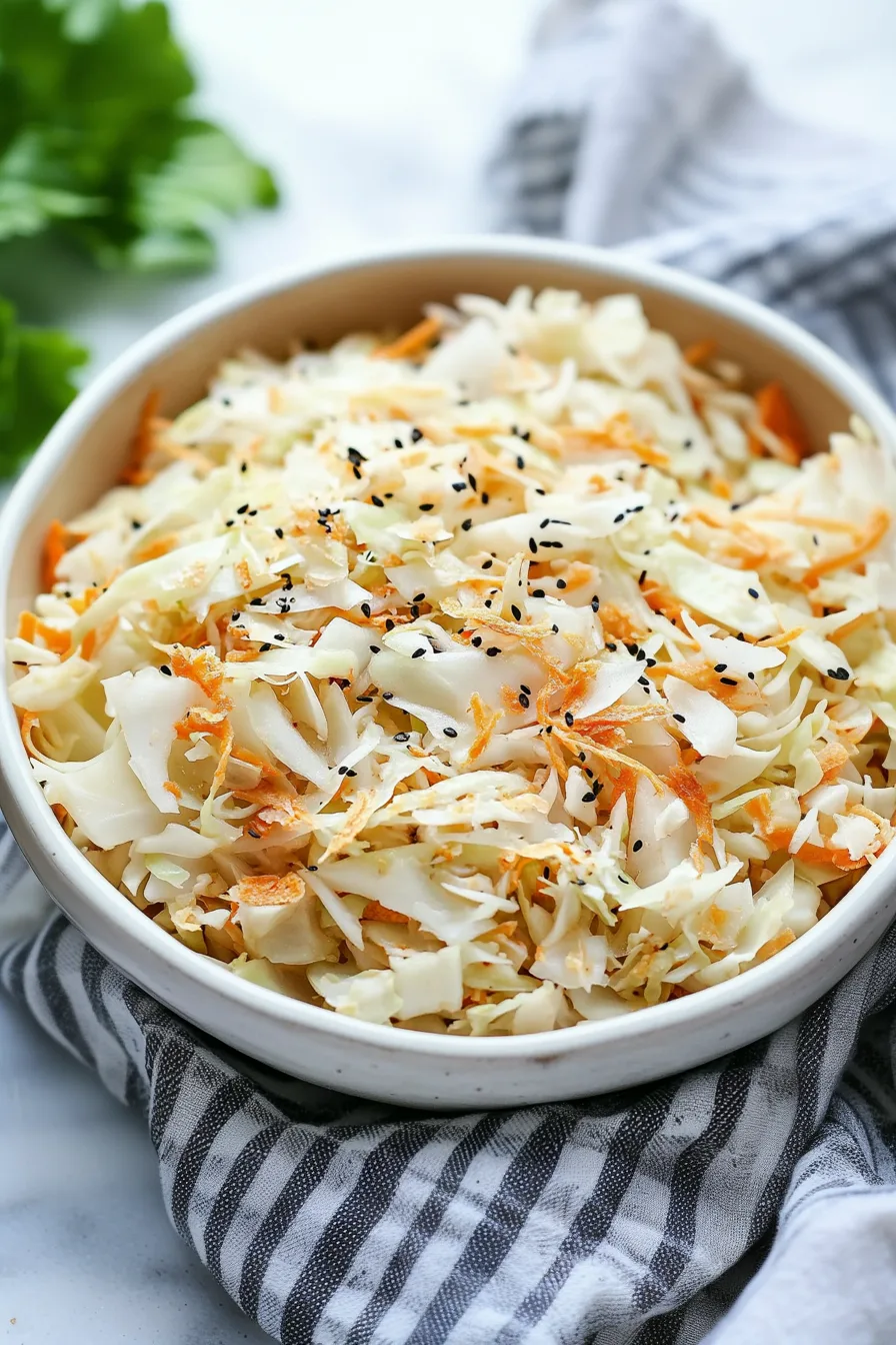 Refreshing cabbage and carrot salad with a savory sesame dressing, ready to serve.