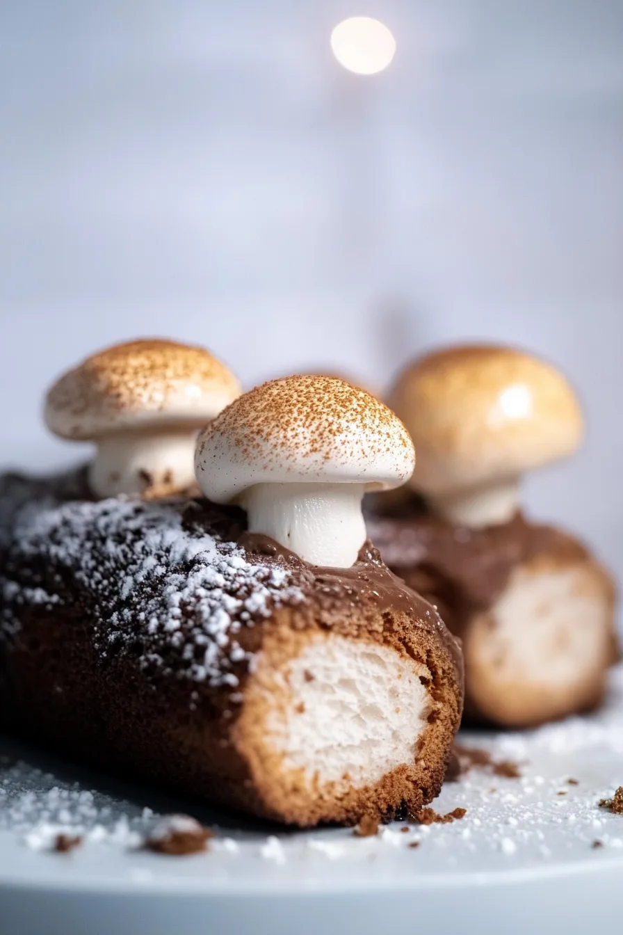 Rich chocolate cake roll styled like a forest log, complete with realistic meringue mushrooms.