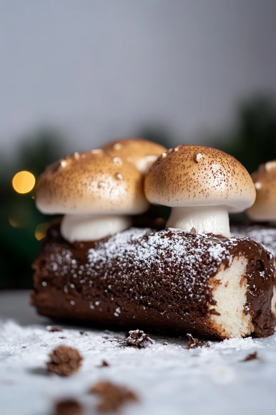 Elegant Yule-inspired cake topped with handmade meringue mushrooms and sprinkled with sugar.