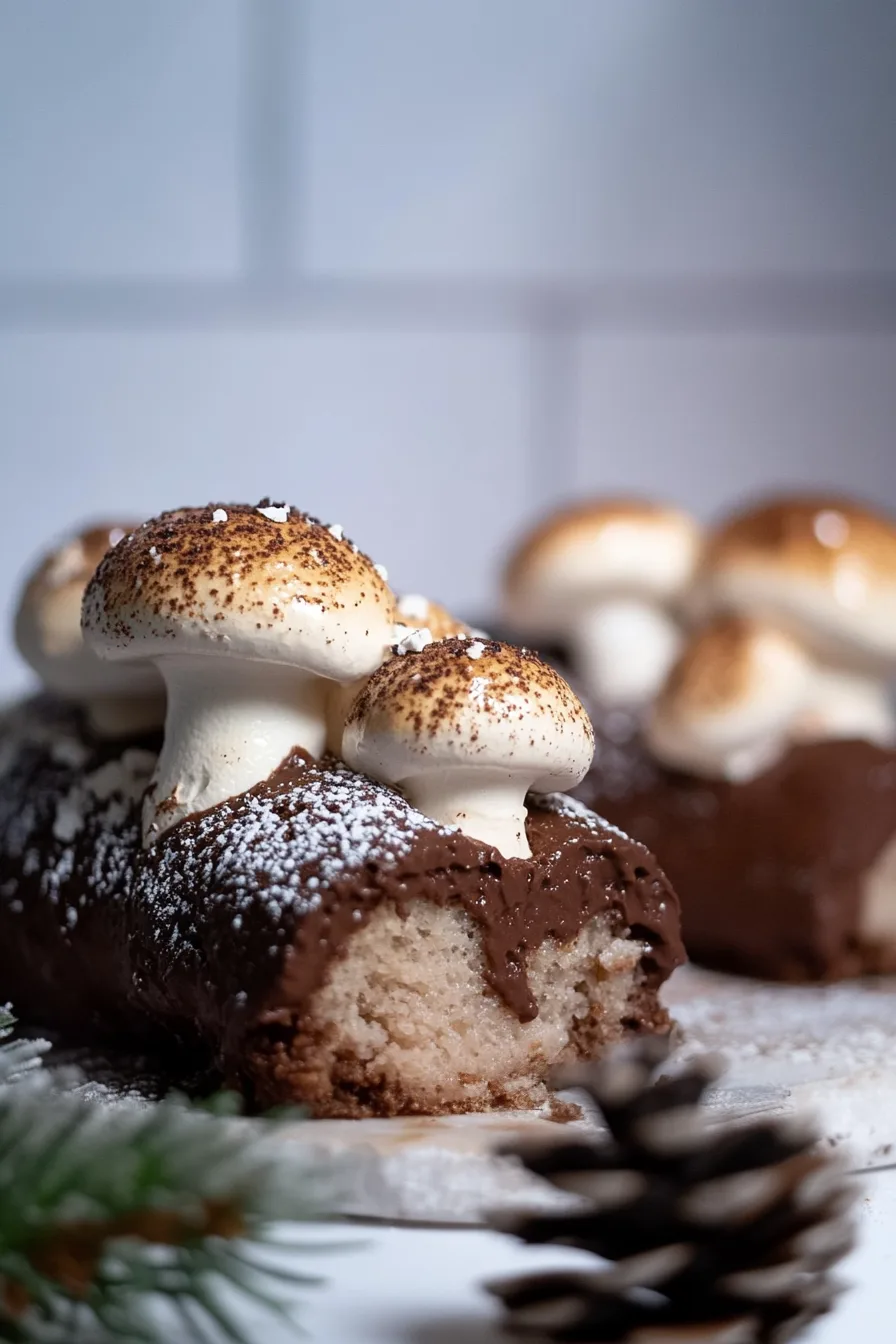 Holiday dessert resembling a woodland log, finished with fluffy meringue mushrooms and cocoa powder.