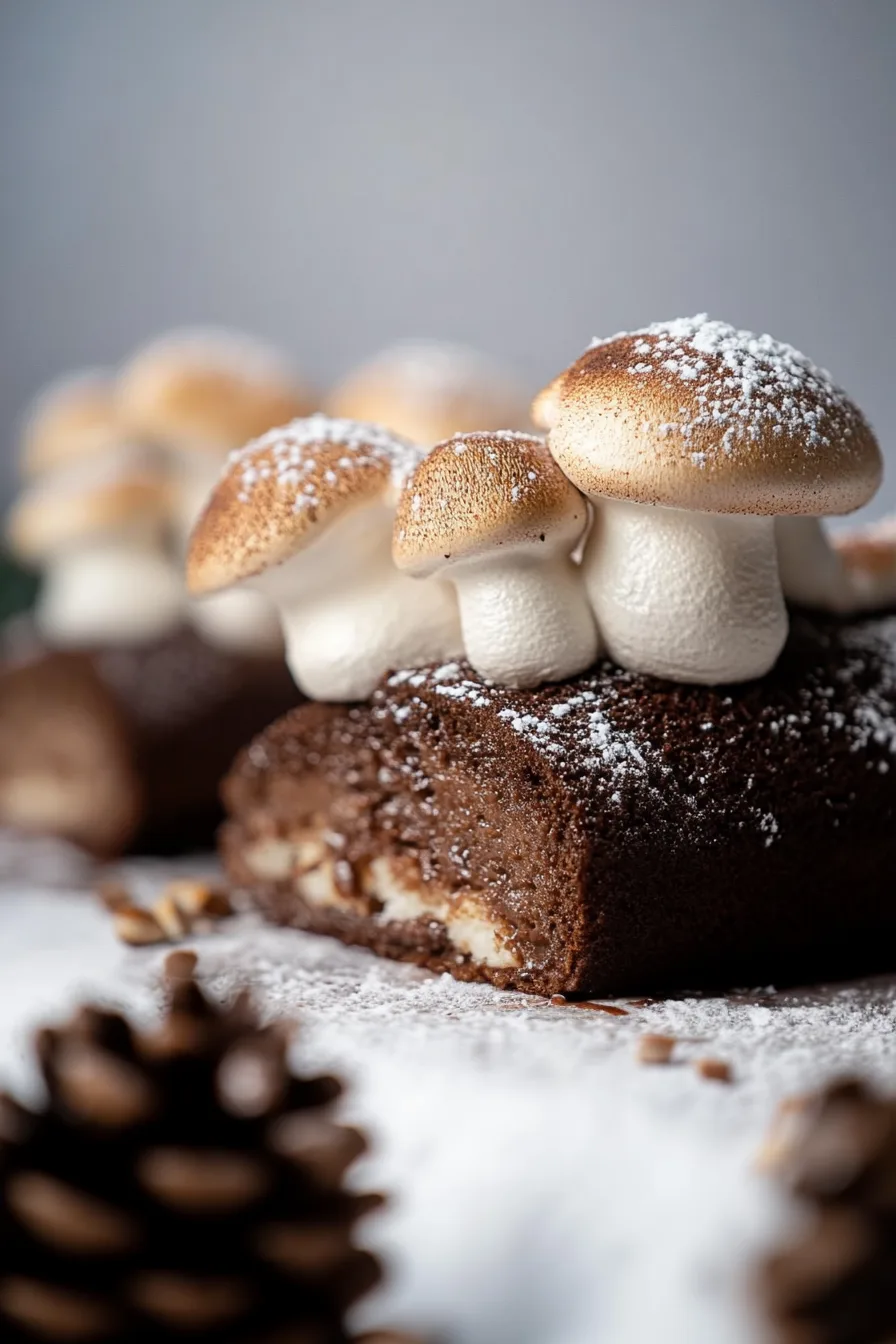 A chocolate-covered cake roll topped with meringue mushrooms and a dusting of powdered sugar.