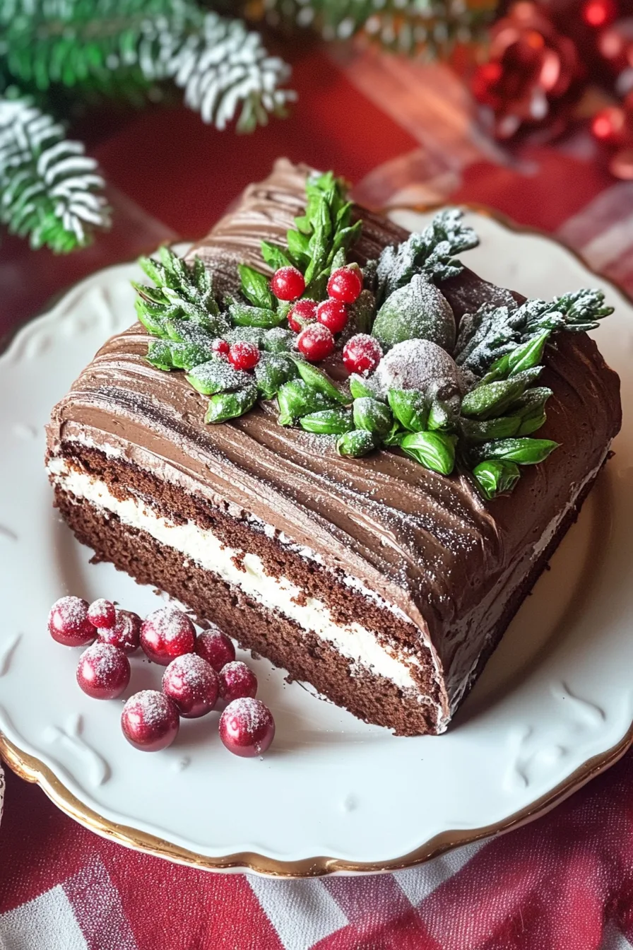 Elegant chocolate cake on a white plate, dusted with sugar and trimmed with festive decor.