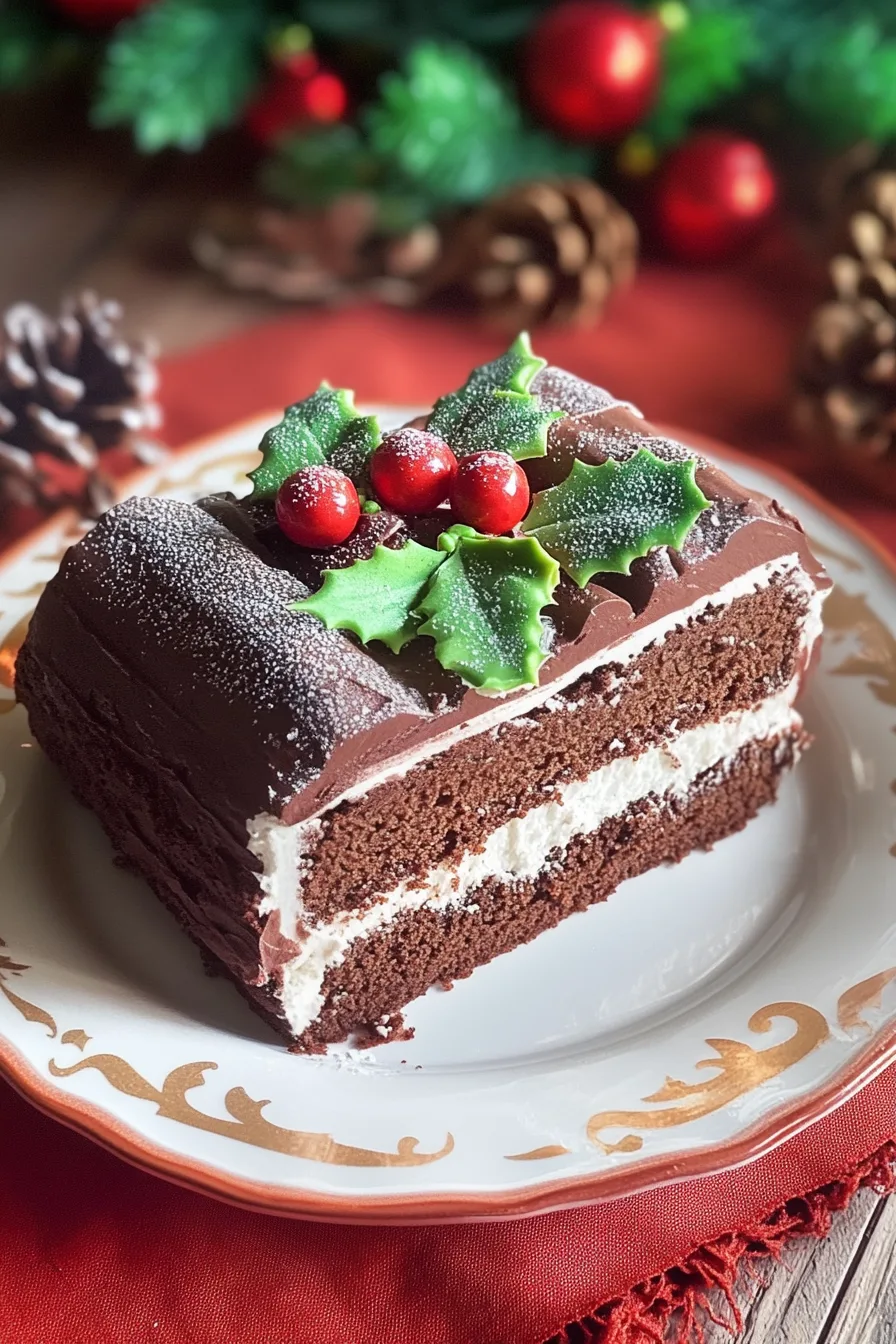 Decorated chocolate cake featuring frosting textures and a garnish of greenery and berries.