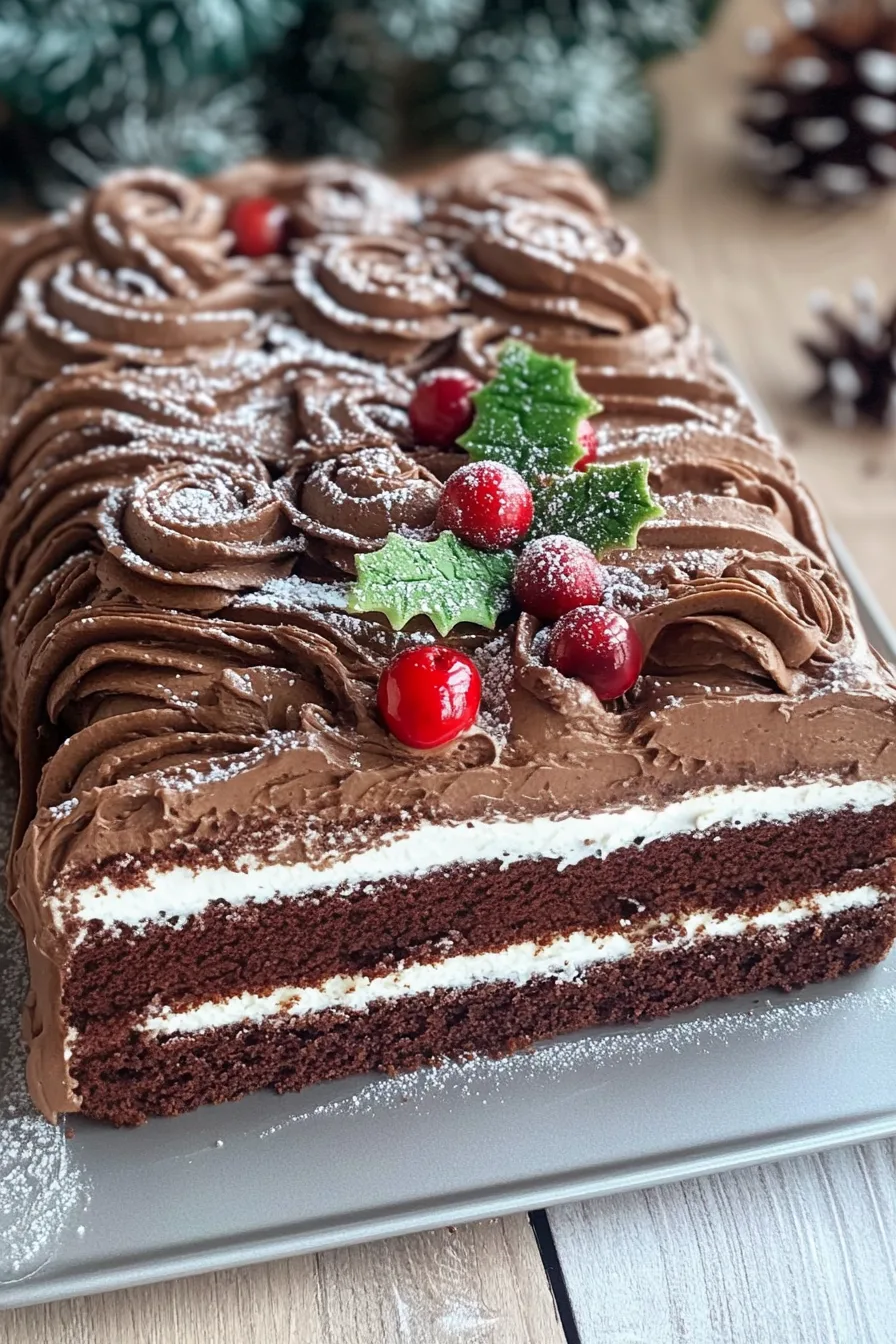 A rectangular chocolate cake with a swirl of cream and holiday-inspired decorations.