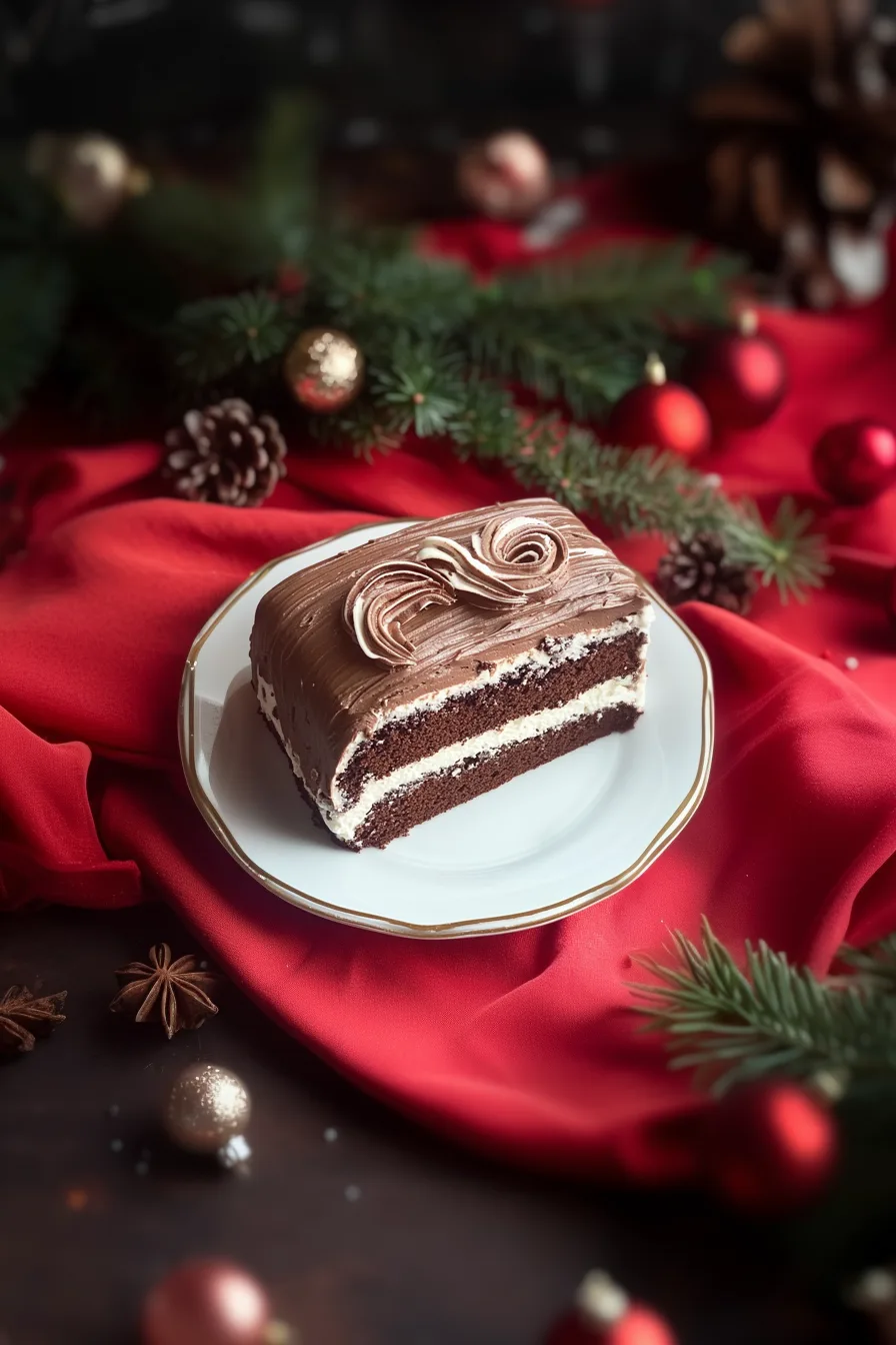 Slice of chocolate frosted cake with white filling and a touch of powdered sugar.