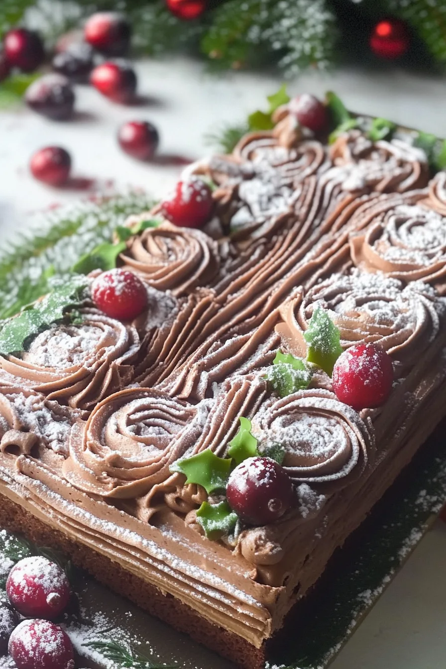 Chocolate cake with creamy filling, topped with festive greenery and red berries.