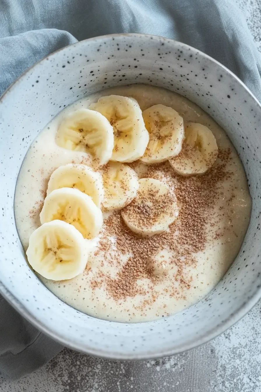 A creamy banana pudding topped with fresh banana slices and a sprinkle of cinnamon sugar.