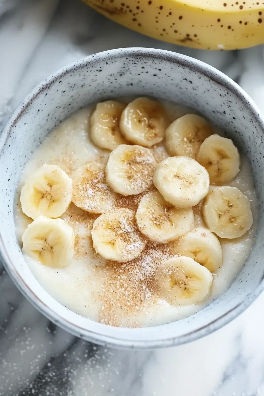 Close-up of a smooth, homemade banana treat served in a ceramic bowl.