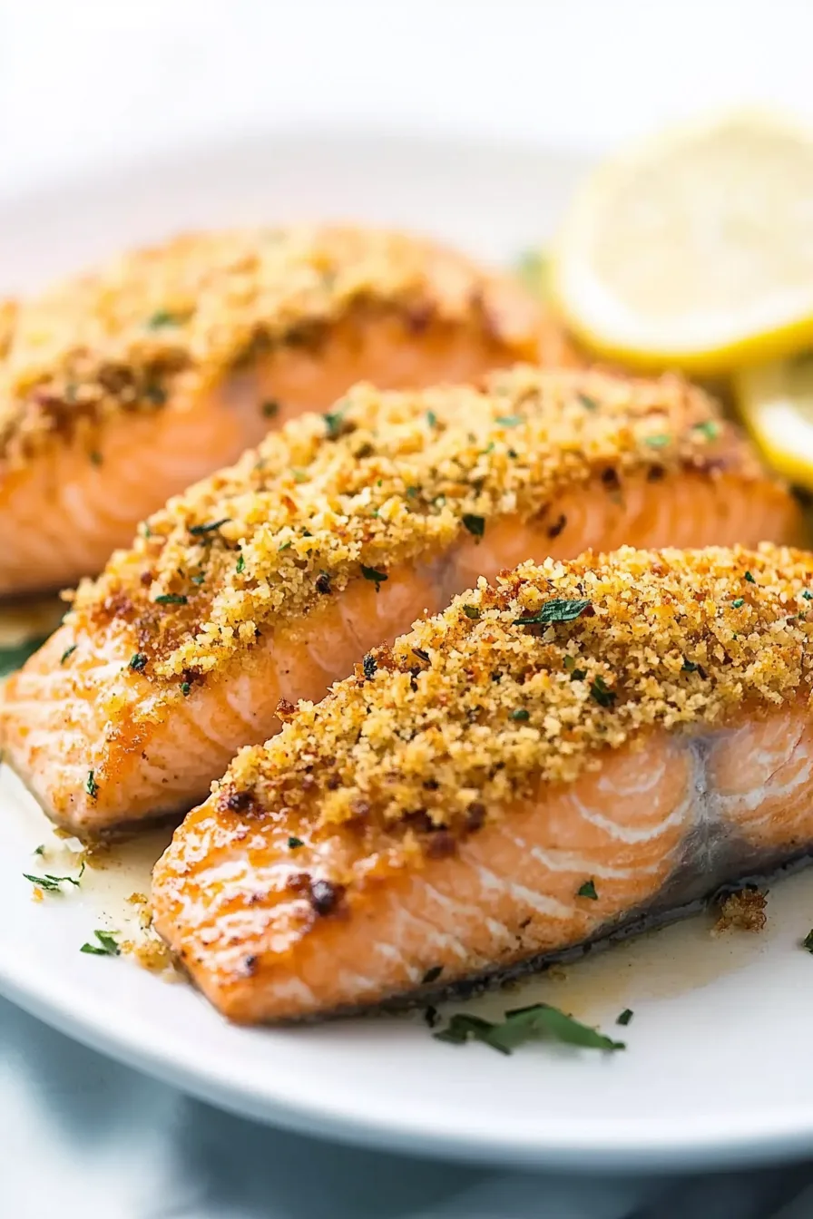 Golden, crispy salmon fillet topped with a light panko crust on a dinner plate.