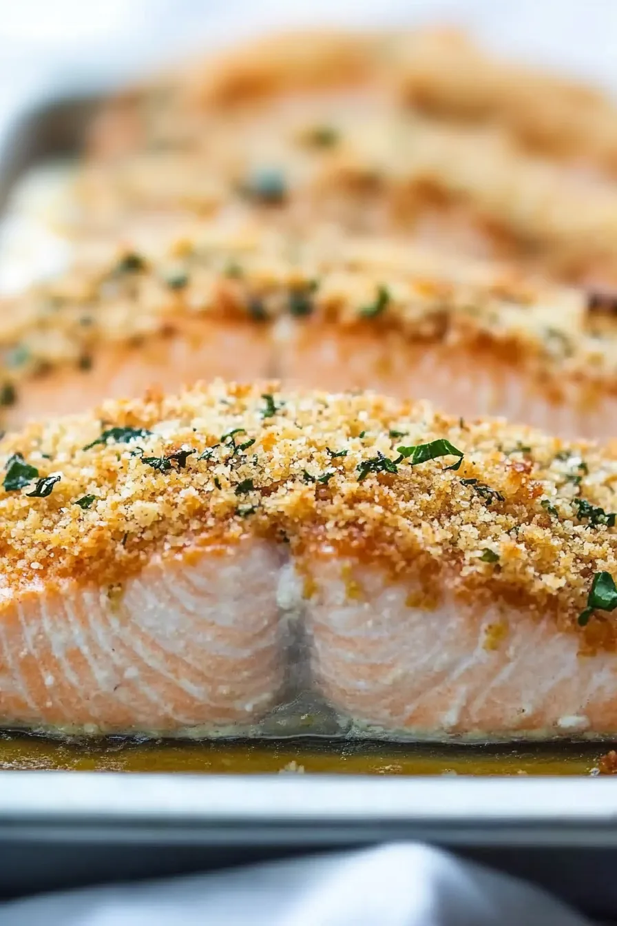 Close-up of baked salmon with a crunchy breadcrumb topping garnished with fresh herbs.