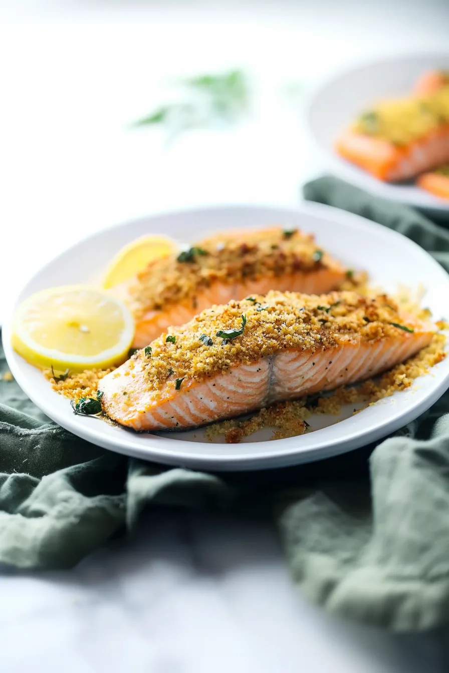 Crispy baked salmon fillet resting on a white plate with a sprinkle of parsley.