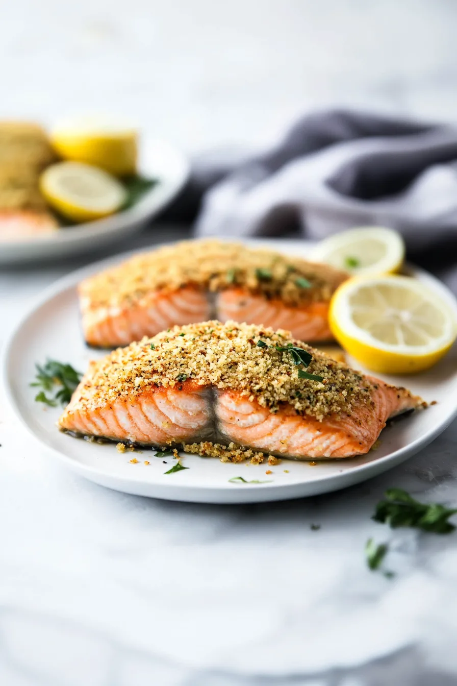 Oven-baked salmon with a crunchy topping, plated simply for serving.