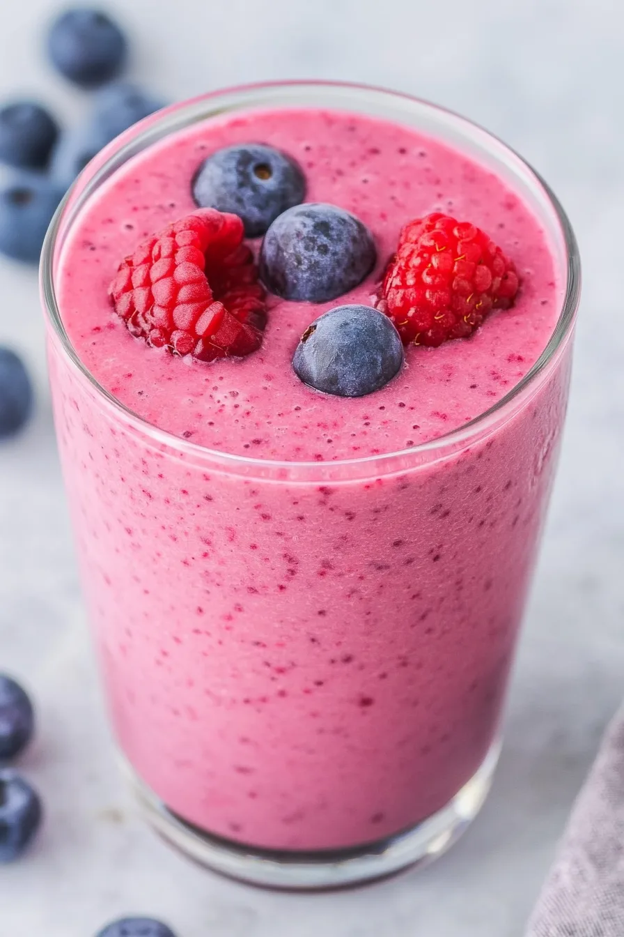 Close-up of a creamy fruit smoothie with scattered berries around the glass.