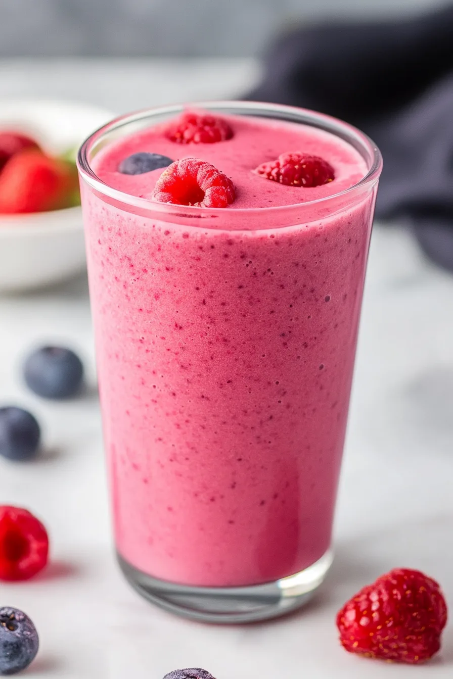A tall glass of pink smoothie topped with fresh berries.