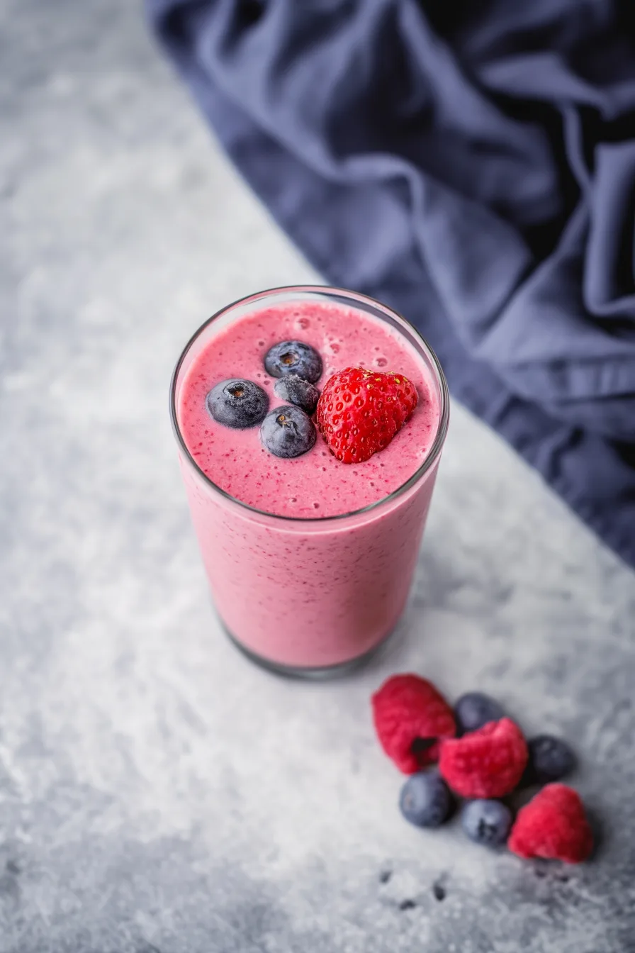 A tall glass filled with a pink blended drink topped with blueberries.
