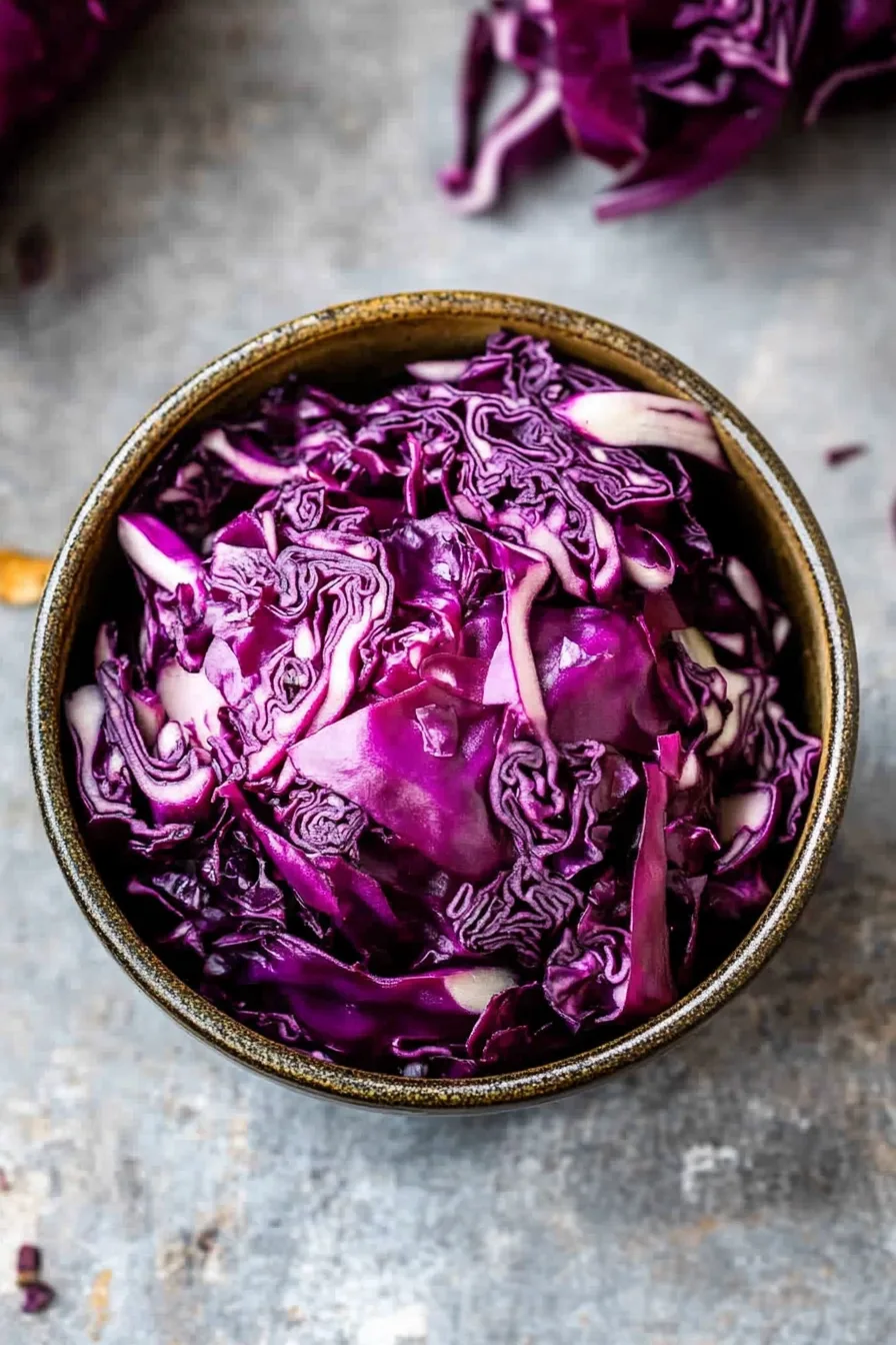 Final plated serving of soft, jewel-toned red cabbage in a rustic bowl.