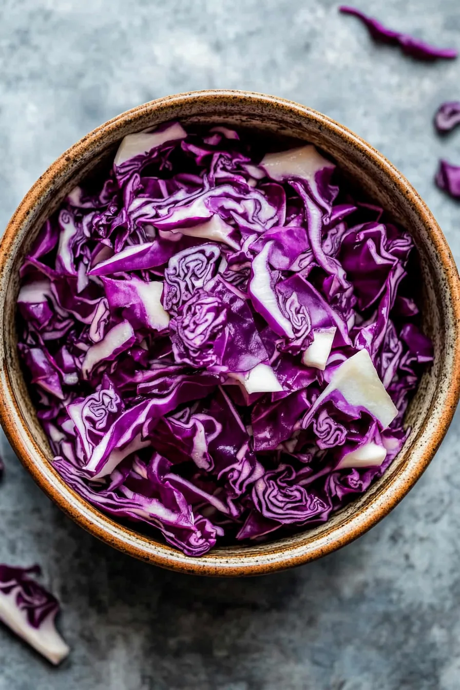 Close-up of glossy, braised red cabbage with rich purple color.