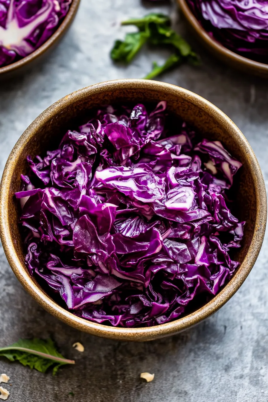 Braised red cabbage arranged in a simple bowl, showing its rich color and texture.