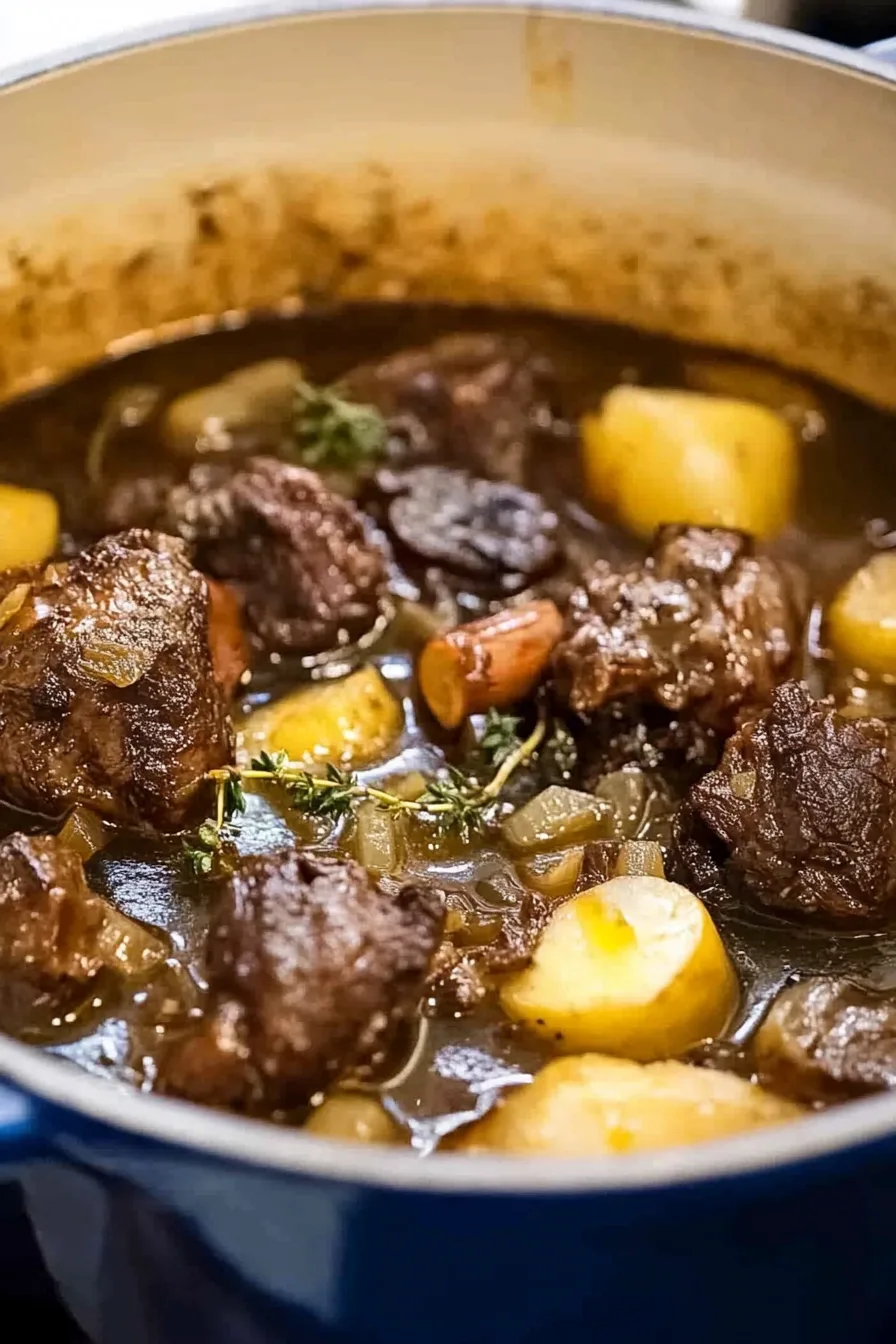 Close-up of tender braised oxtail pieces coated in a deep, flavorful gravy.