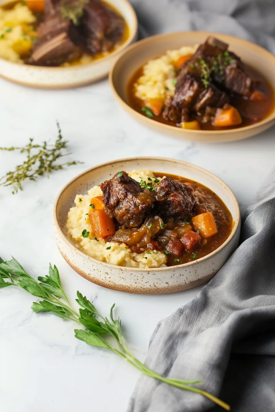 Warm, comforting stew highlighting tender oxtail pieces and thick broth.