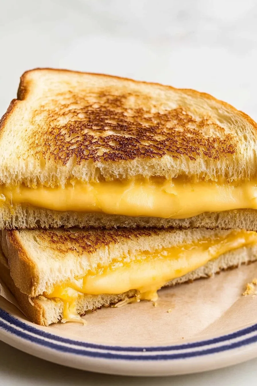 Close-up of a toasted sandwich showing perfectly browned bread and gooey cheese filling.